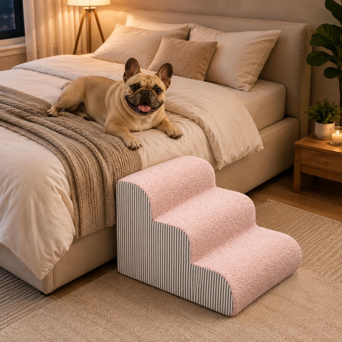 escalier pour chien rose marches arrondies lit bouledogue francais