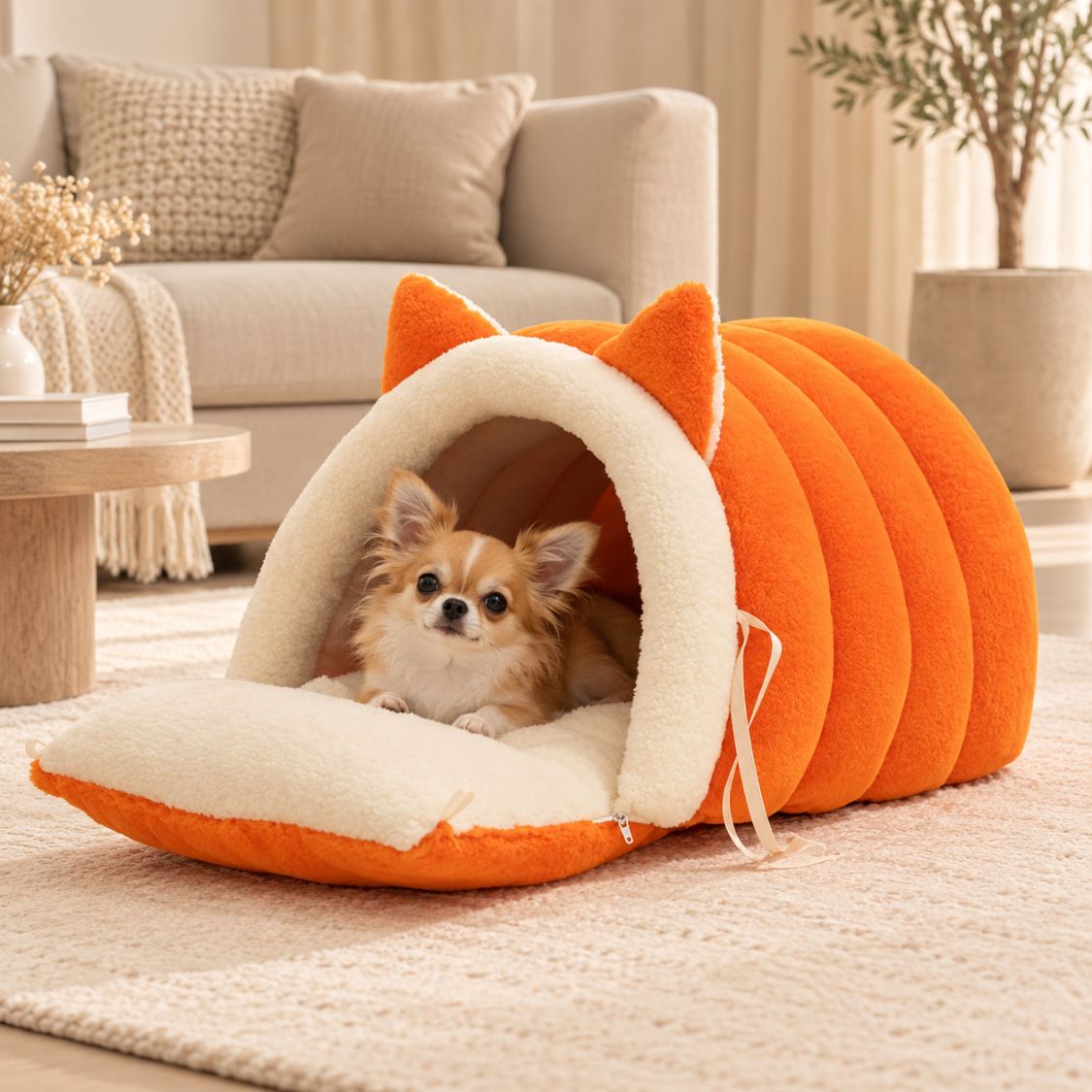 grotte pour chien orange chien installe cocon