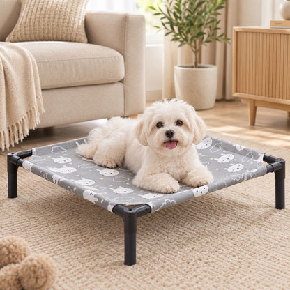 lit de camp pour chien blanc allonge toile grise lapins