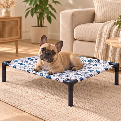 lit de camp pour chien bouledogue francais toile blanche bleue