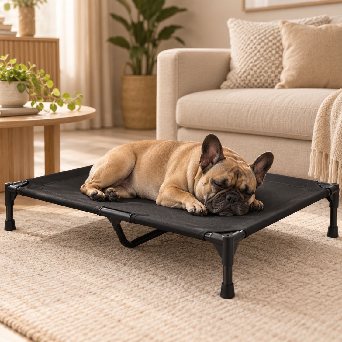 lit de camp pour chien bouledogue francais toile resistante
