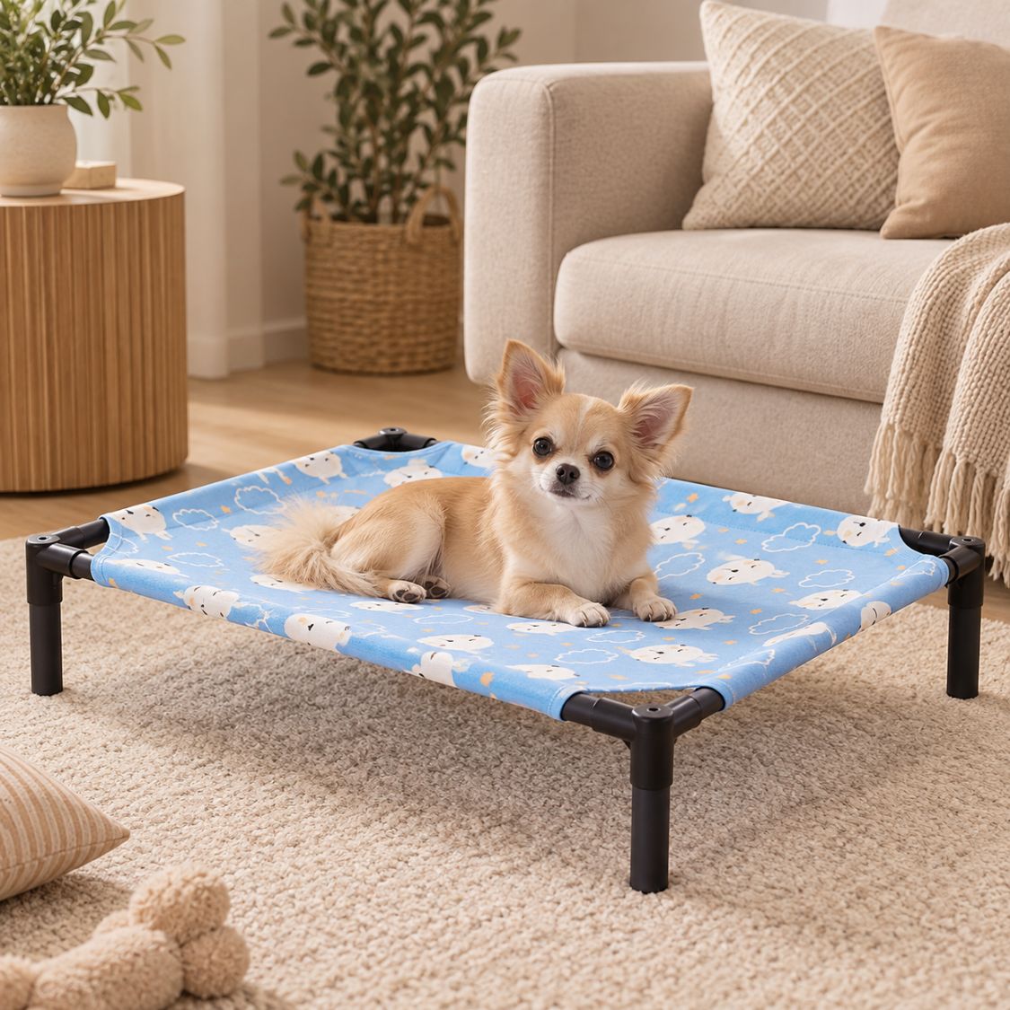 lit de camp pour chien chihuahua toile bleue lapins