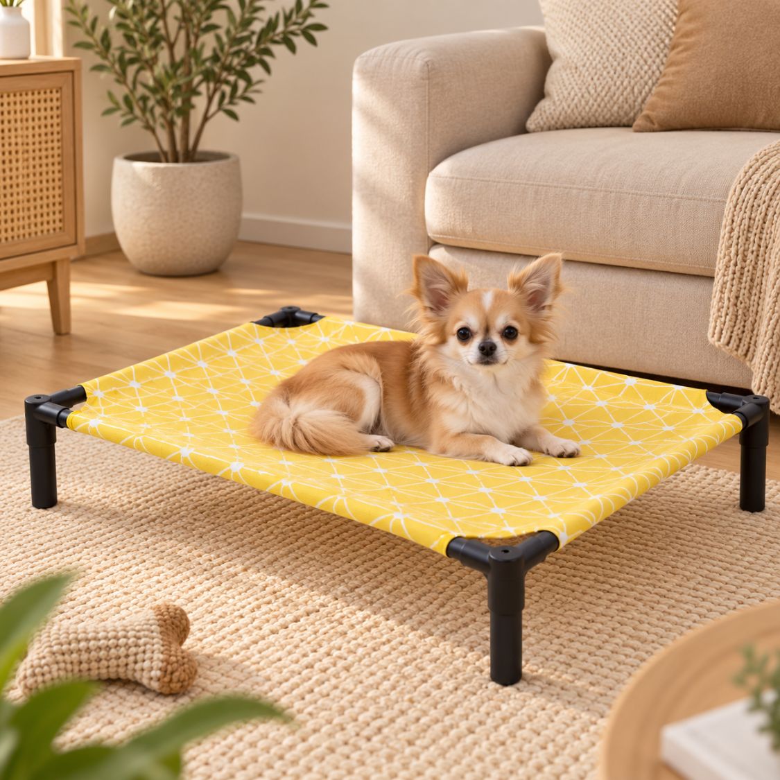 lit de camp pour chien chihuahua toile jaune surelevee
