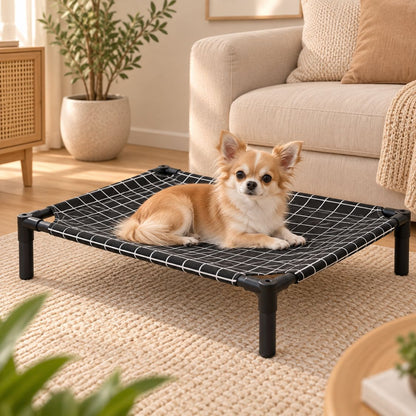 lit de camp pour chien chihuahua toile noire quadrillee