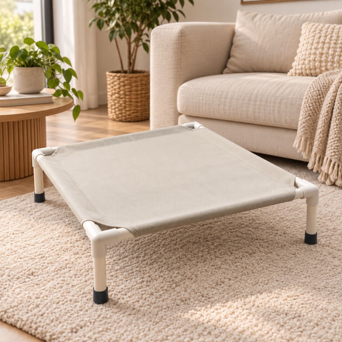 lit de camp pour chien gris sureleve salon beige