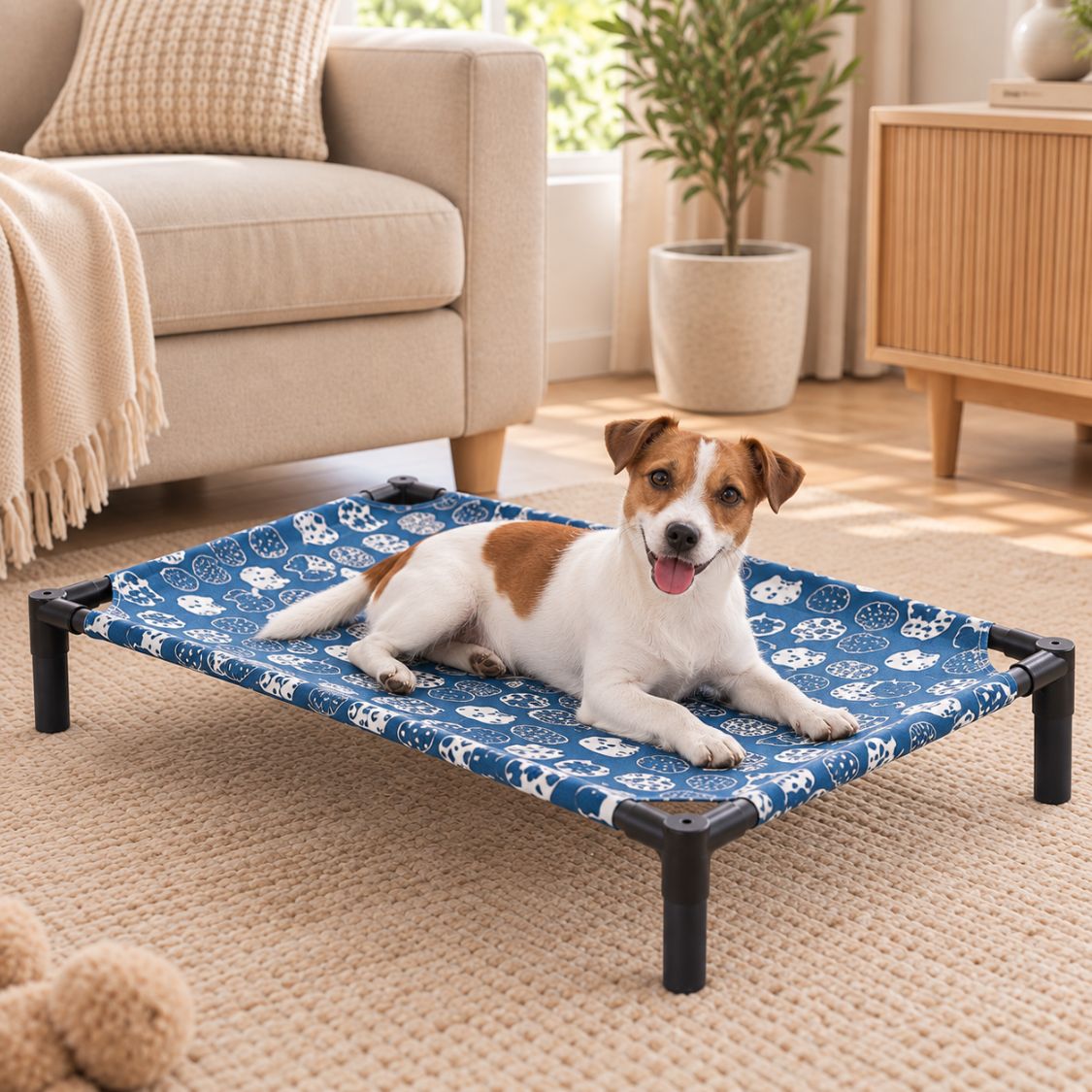 lit de camp pour chien jack russell toile bleue motifs ludiques