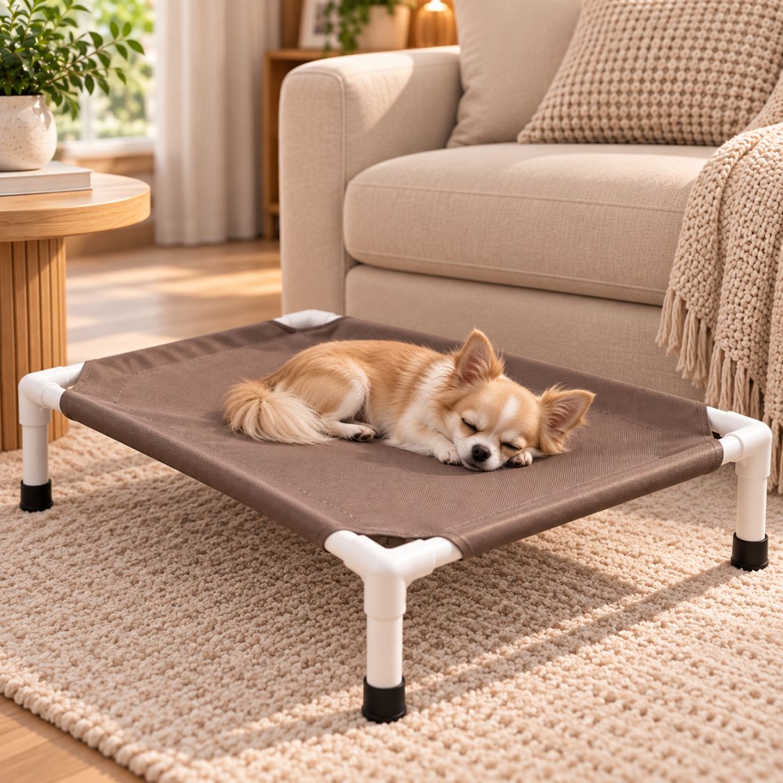 lit de camp pour chien marron spitz allonge salon