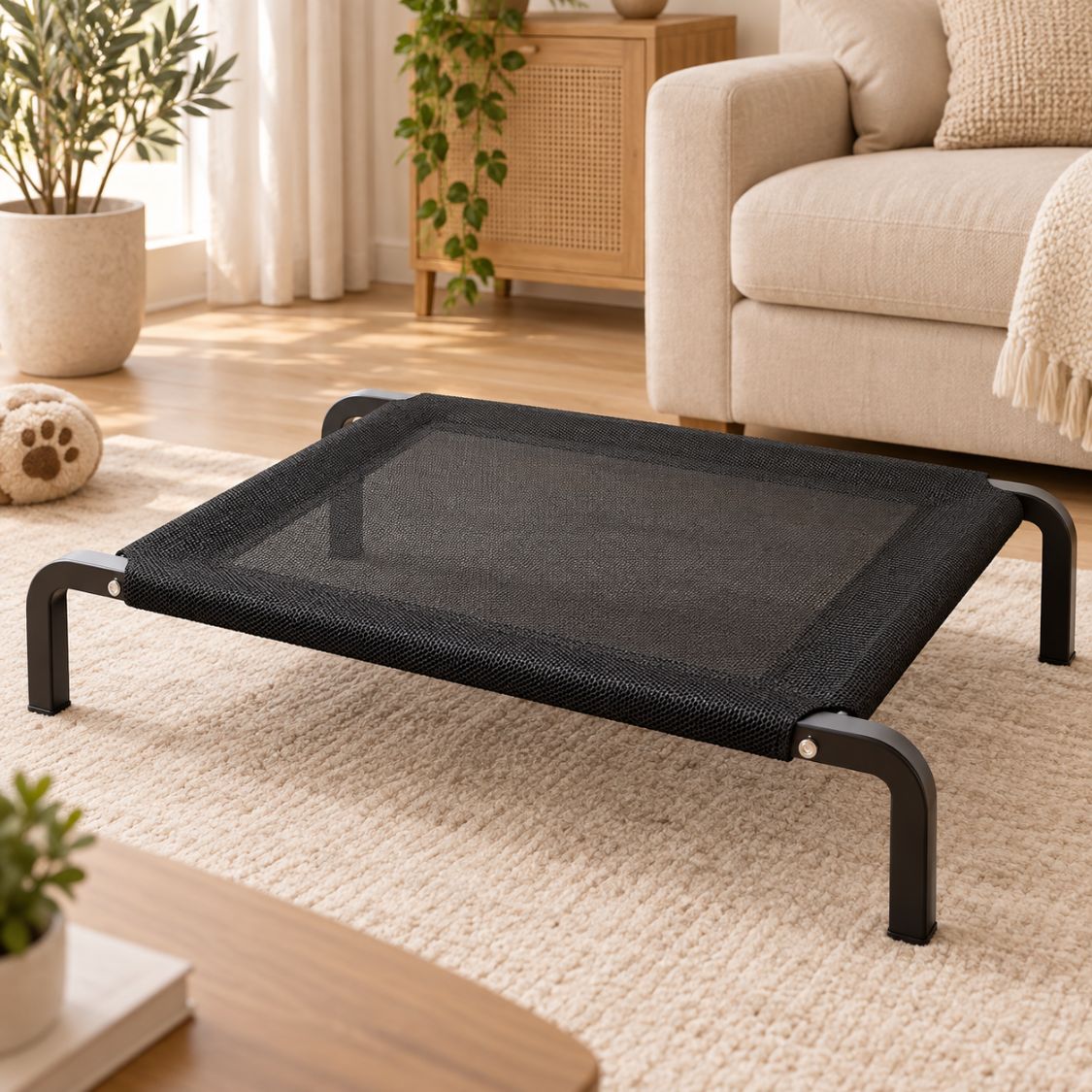 lit de camp pour chien noir sureleve tissu mesh respirant