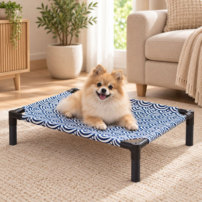 lit de camp pour chien spitz toile bleue blanche graphique