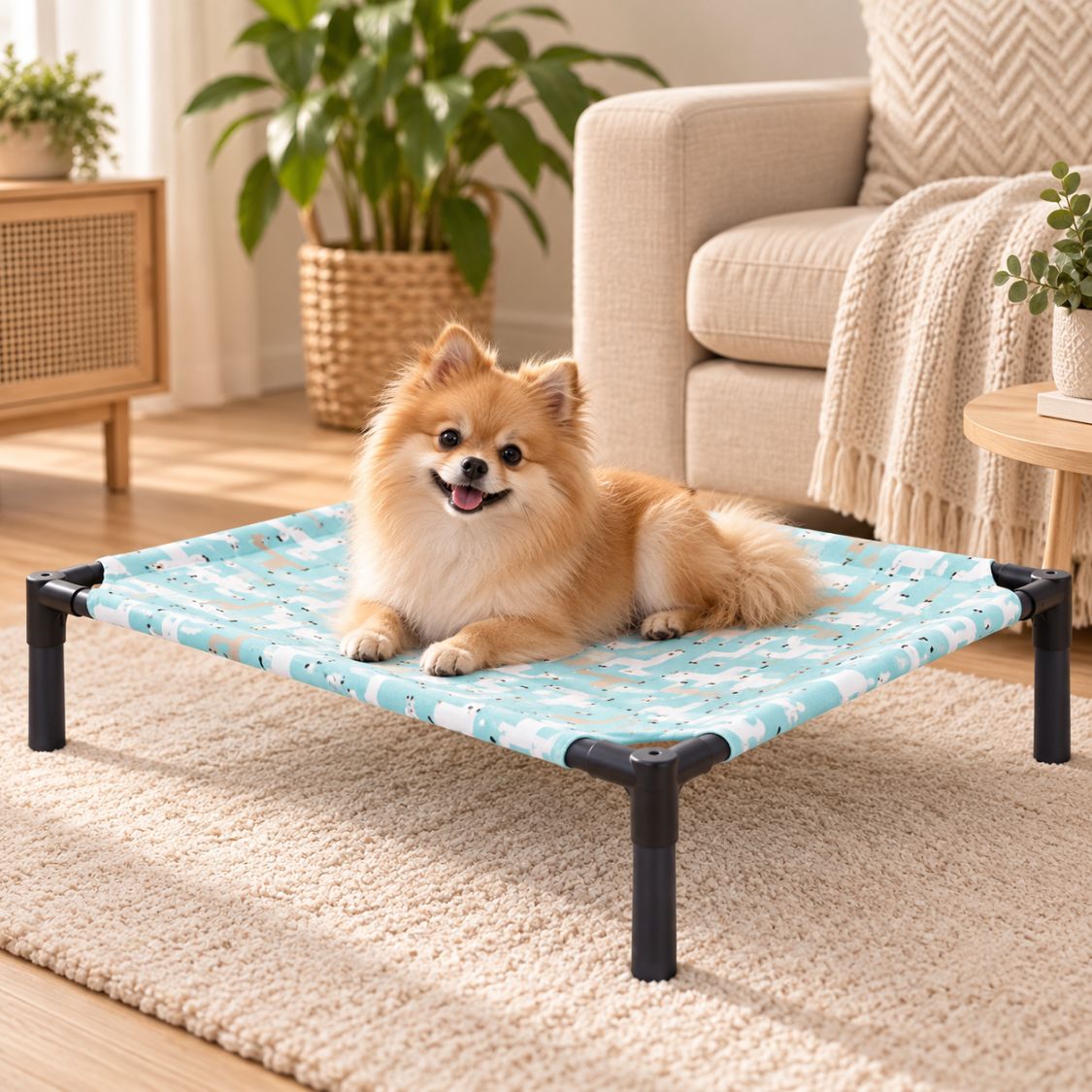 lit de camp pour chien toile bleu clair motifs ludiques