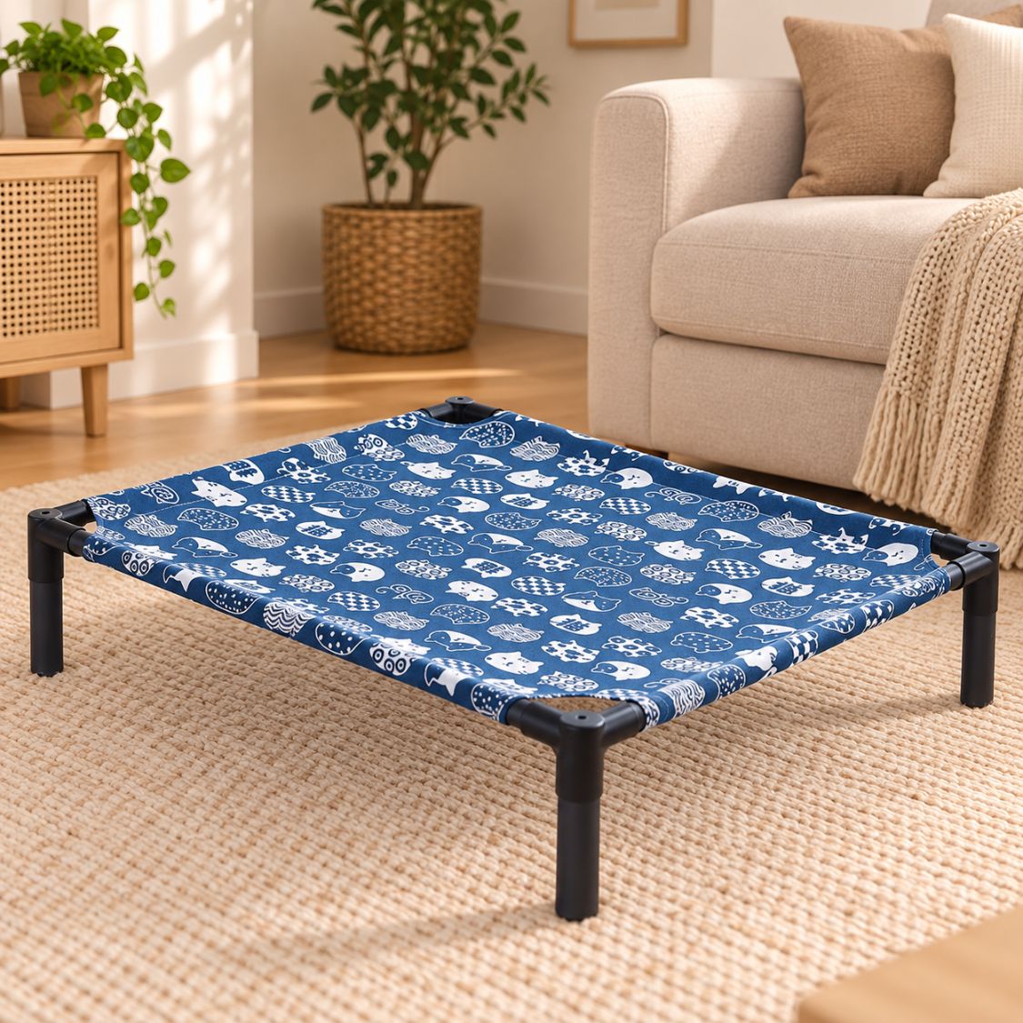lit de camp pour chien toile bleue motifs blancs