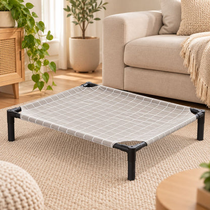 lit de camp pour chien toile grise quadrillee salon