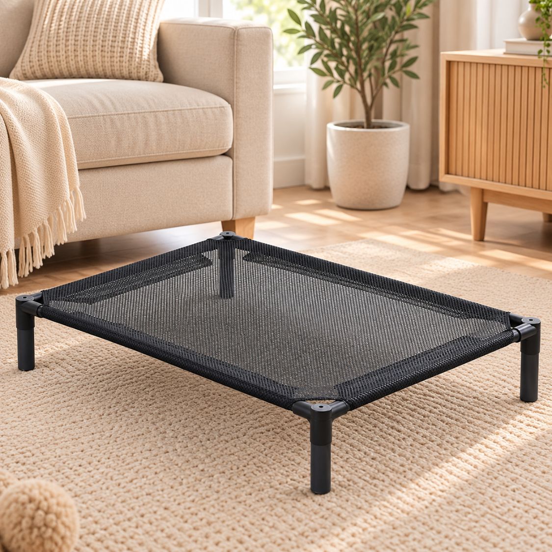 lit de camp pour chien toile noire ajouree respirante