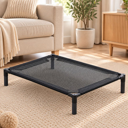 lit de camp pour chien toile noire ajouree respirante