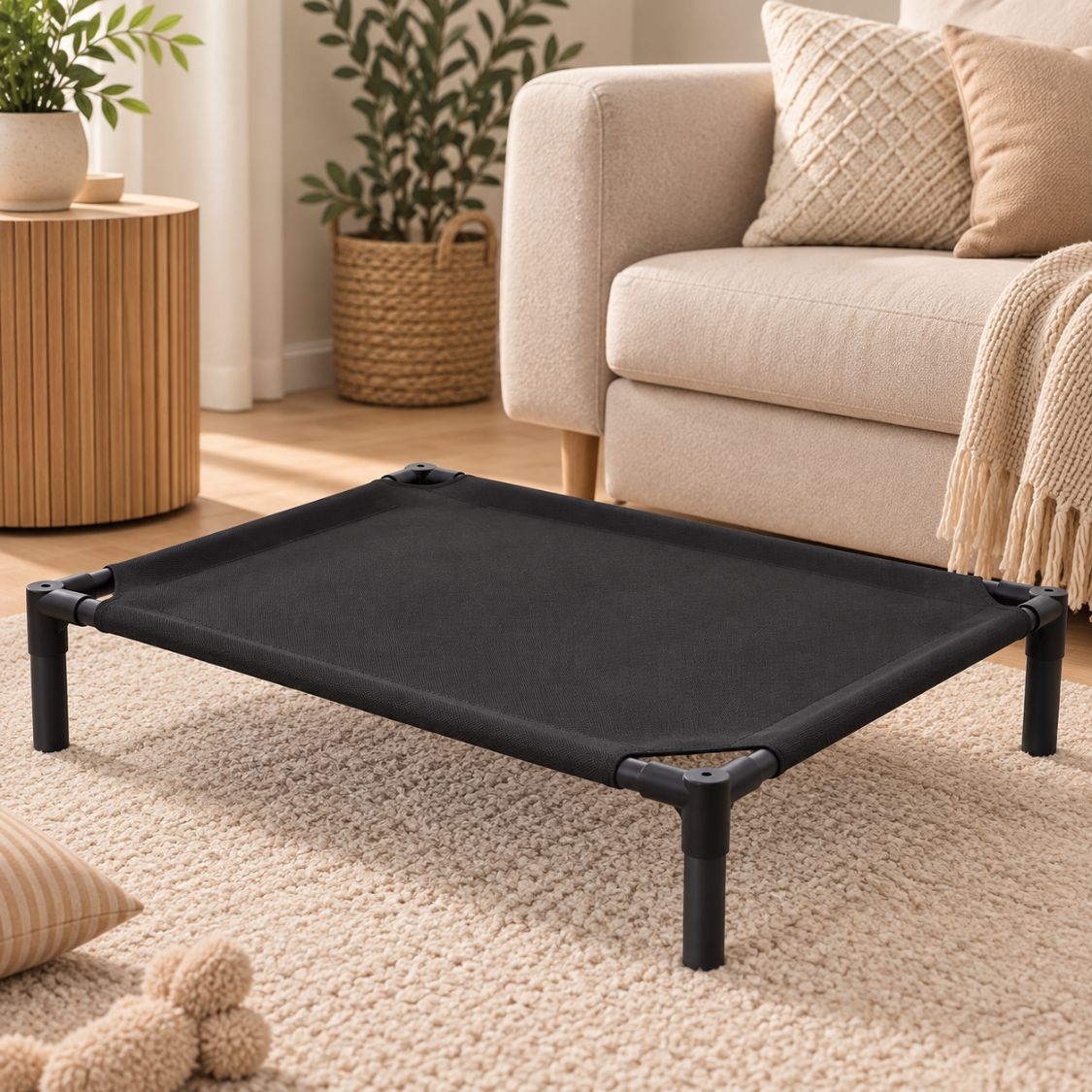 lit de camp pour chien toile noire structure metallique