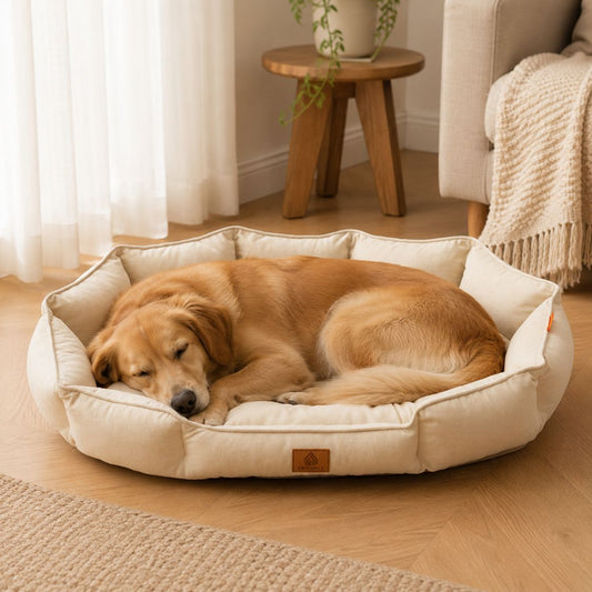 lit pour chien beige rebords enveloppants chien allonge