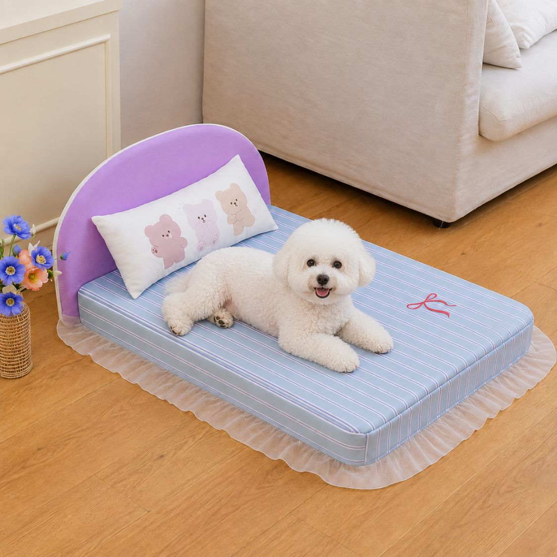 lit pour chien bleu chien blanc coussin ours