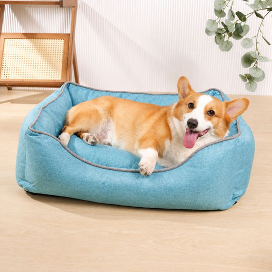 lit pour chien bleu coton lin rebords rembourres