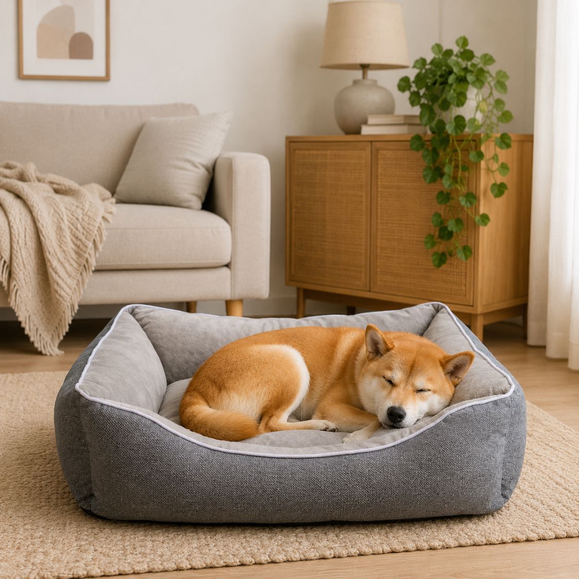 lit pour chien gris velours rebords rembourres