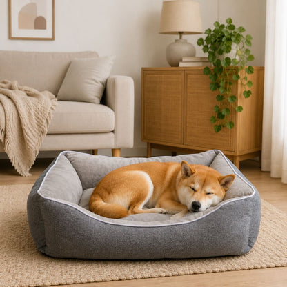 lit pour chien gris velours rebords rembourres