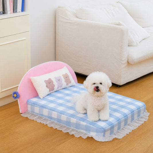 lit pour chien impermeable vichy bleu blanc rose