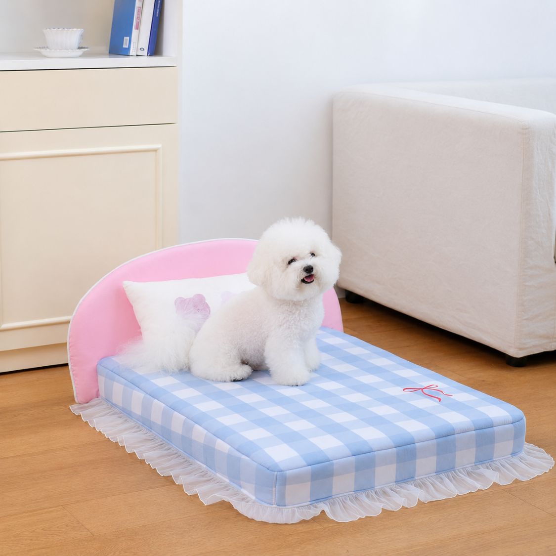 lit pour chien impermeable vichy bleu tete lit rose