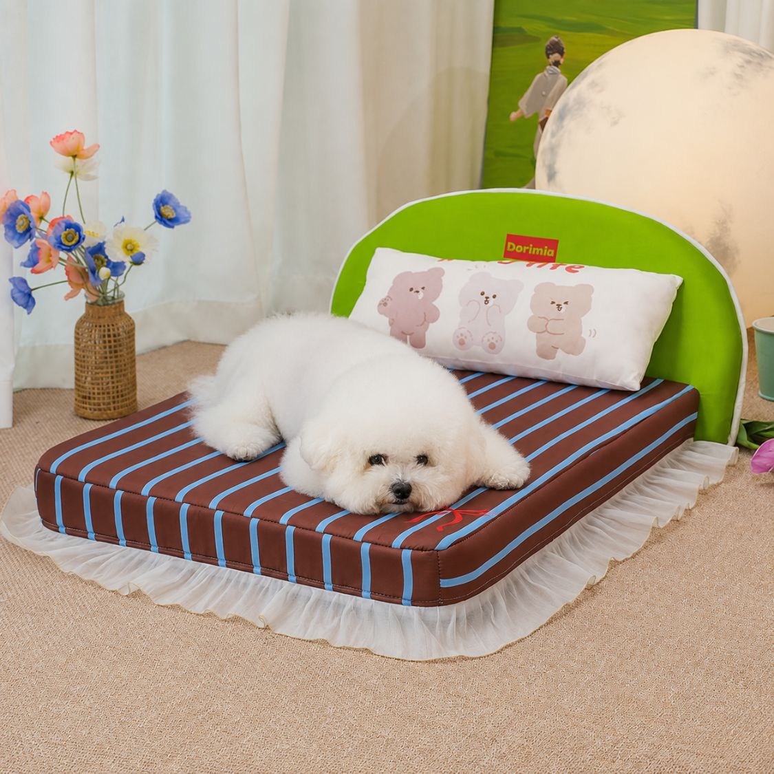 lit pour chien marron rayures bleu chien allonge