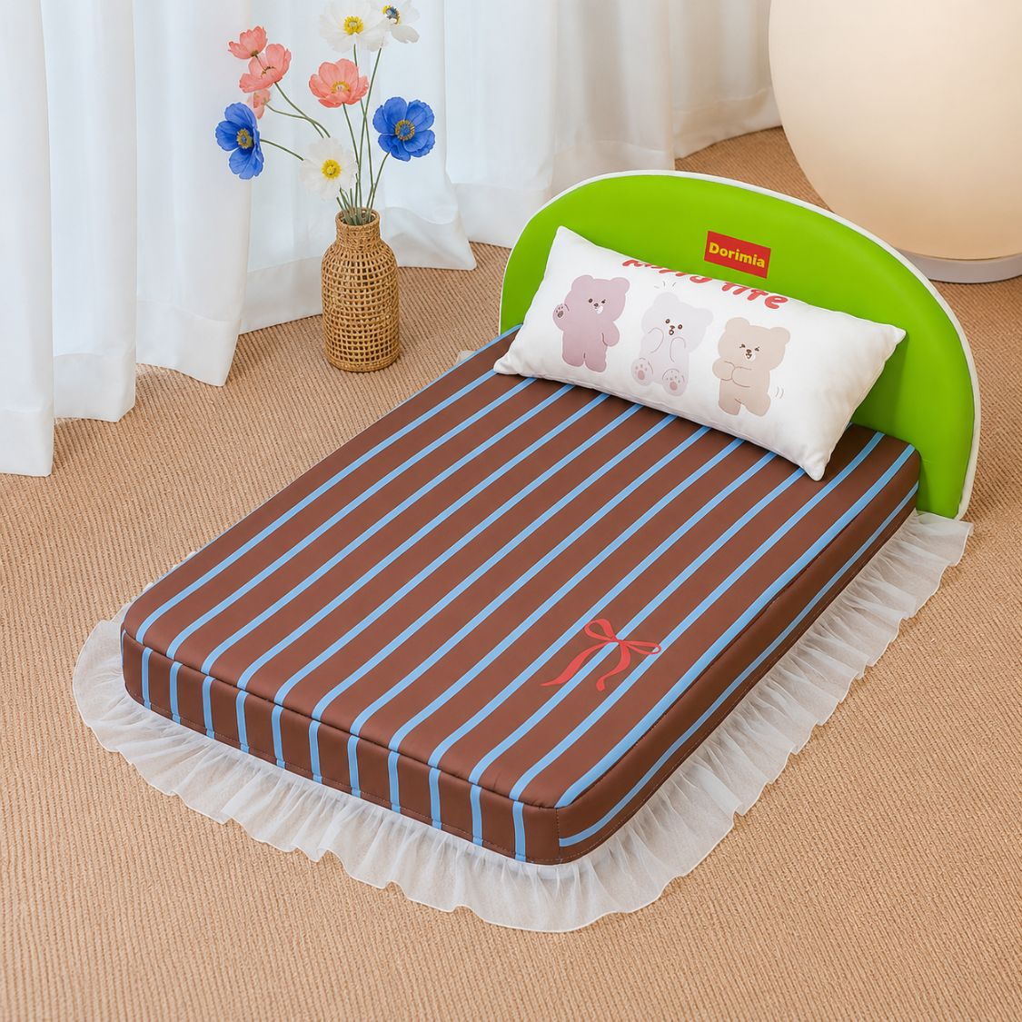 lit pour chien marron rayures bleu tete lit vert pomme