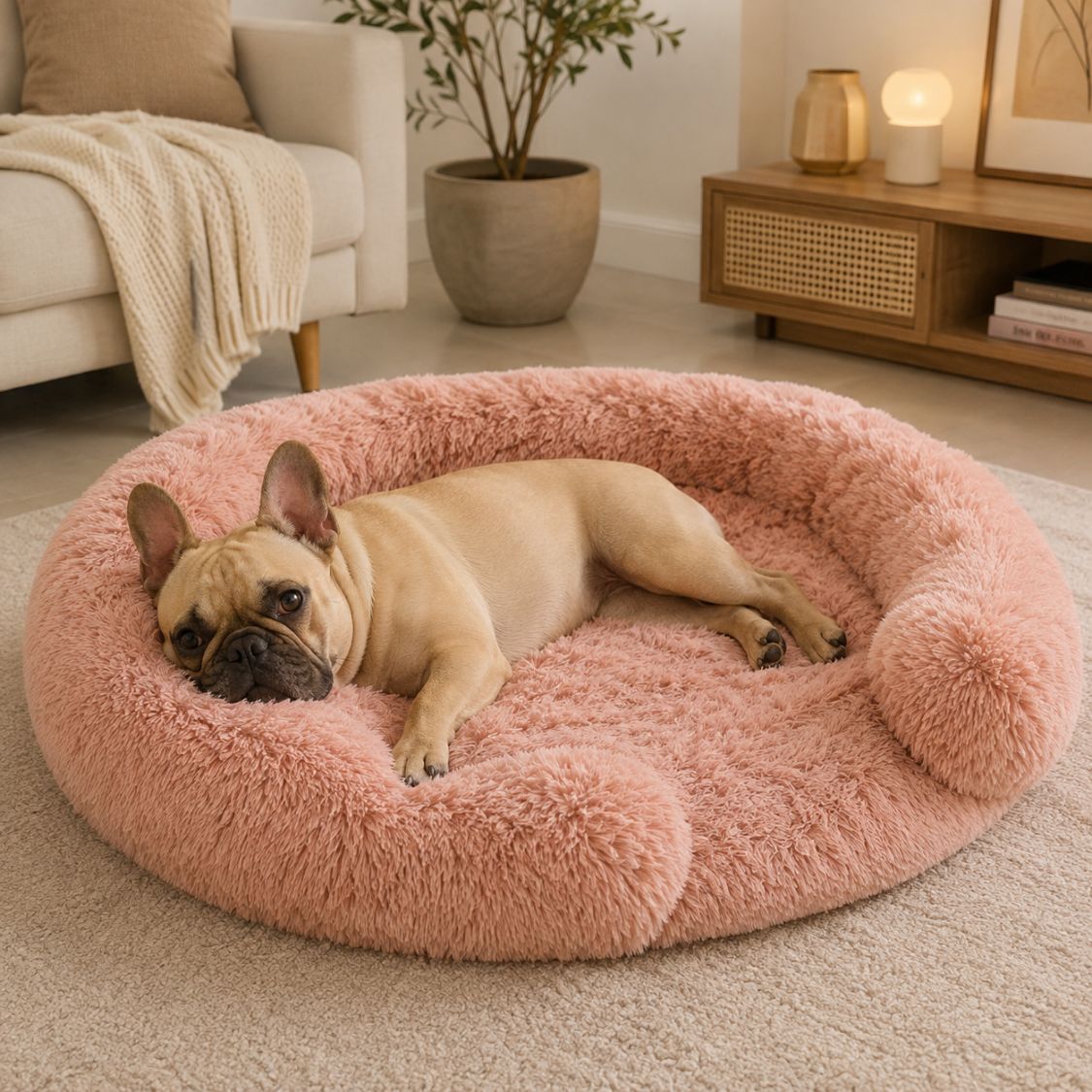 lit pour chien peluche douce rose clair confort