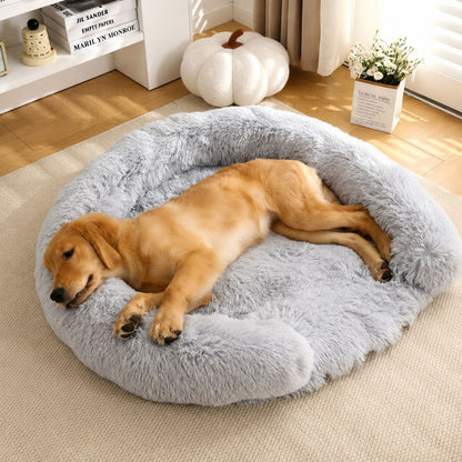 lit pour chien peluche gris clair chien allonge bords sureleves confort