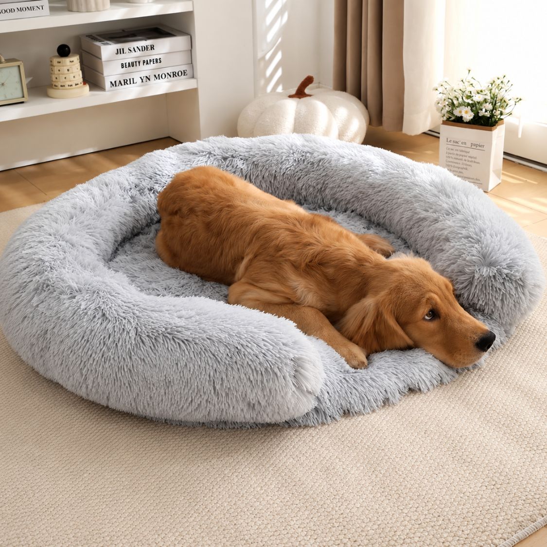 lit pour chien peluche gris clair chien endormi forme ronde bords rembourres