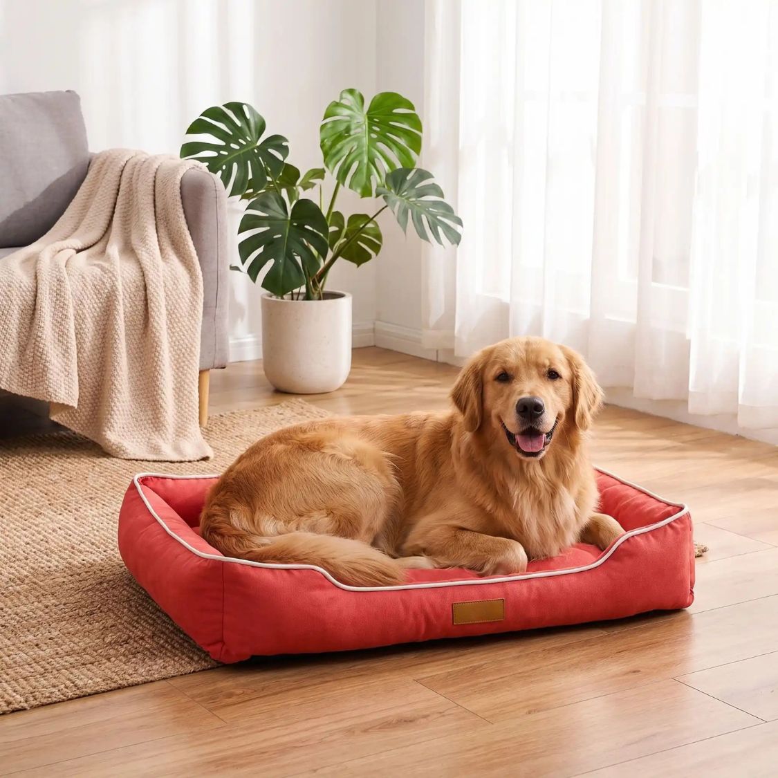 lit pour chien rouge couchage rectangulaire interieur