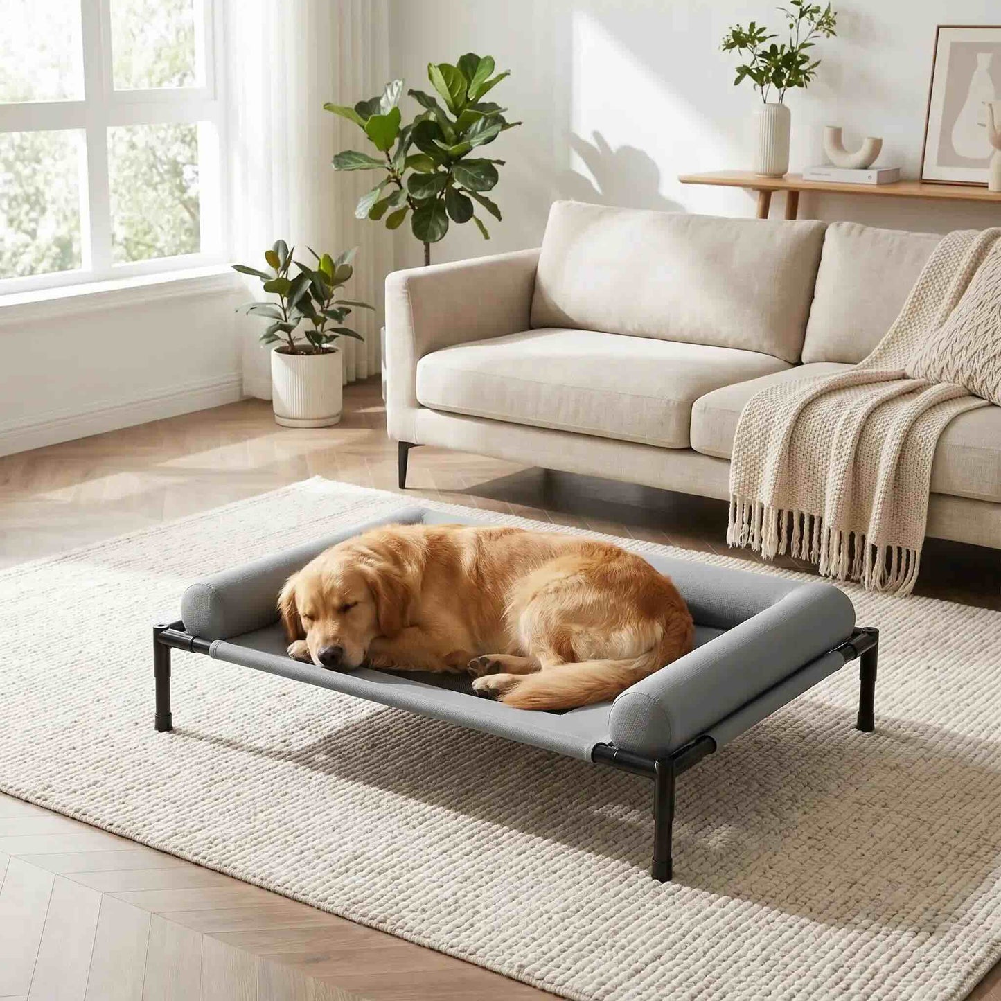 lit pour chien sureleve gris salon chien endormi