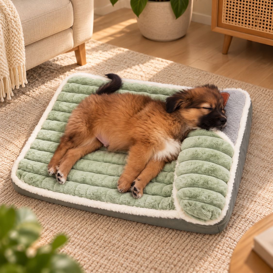 lit pour chien vert chien allonge cote