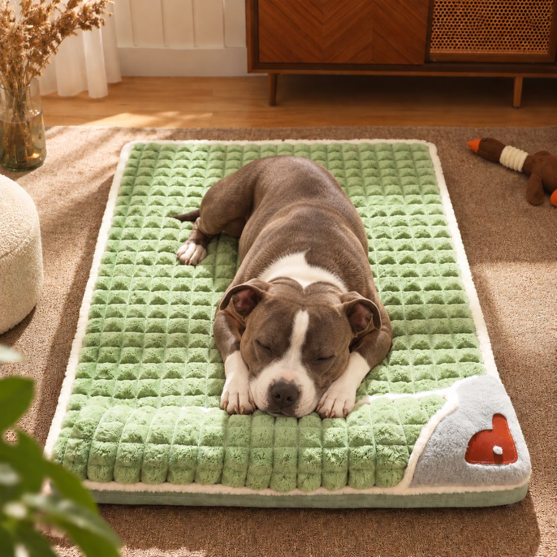 lit pour chien vert chien allonge face