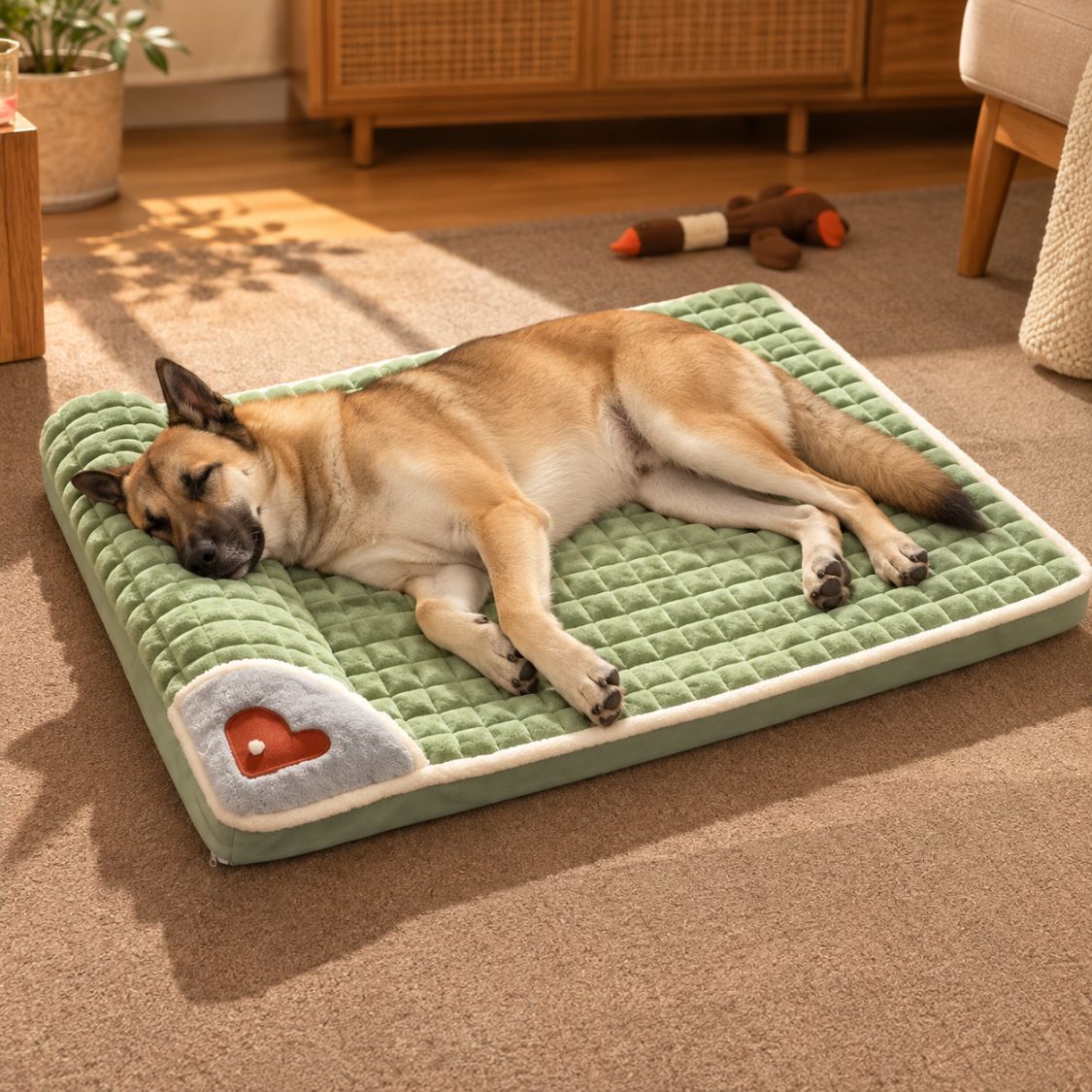 lit pour chien vert grand chien endormi