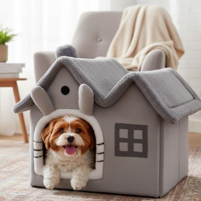 maison pour chien peluche epaisse couchage douillet gris