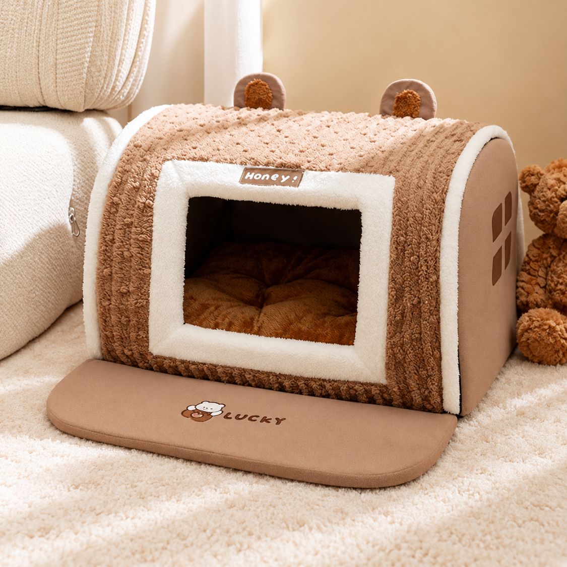 maison pour petit chien marron interieur moelleux