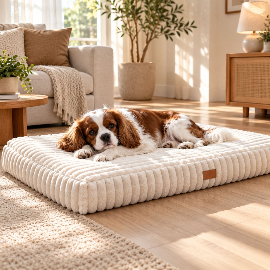 matelas memoire de forme pour chien beige chien allonge confortablement