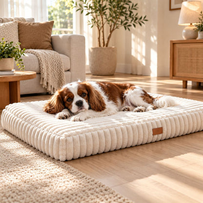 matelas memoire de forme pour chien beige chien allonge confortablement