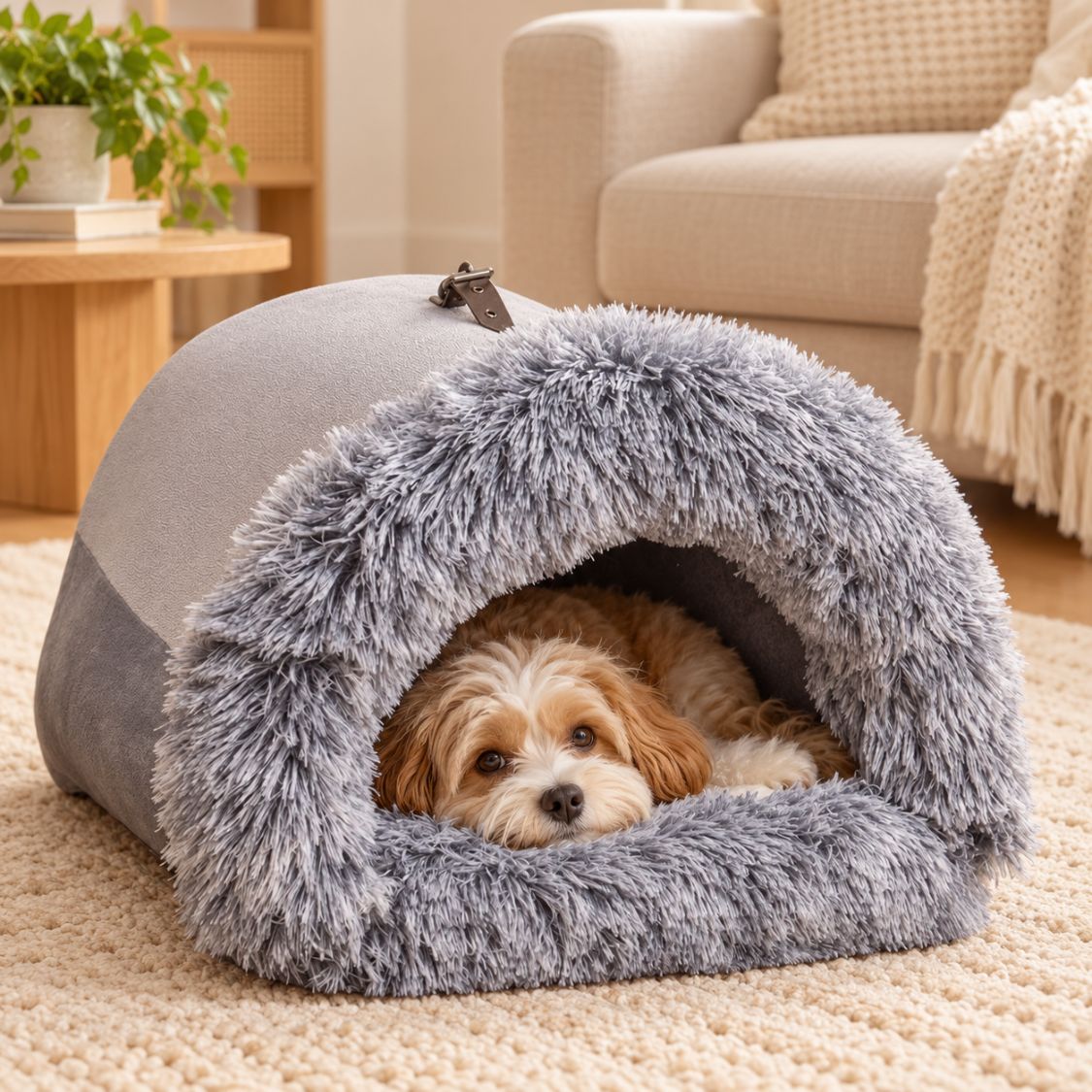 niche interieur pour chien grise moelleuse