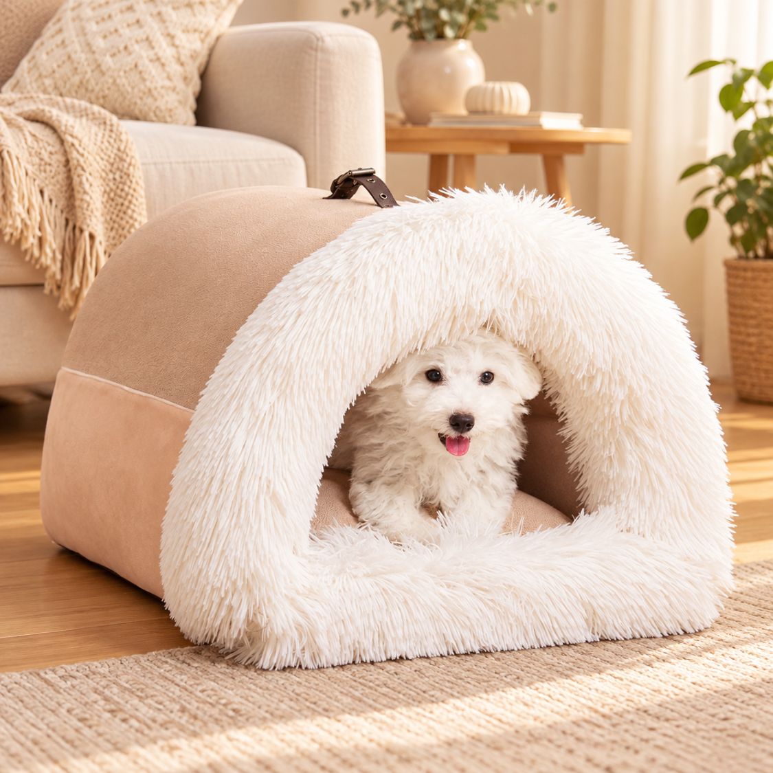 niche interieur pour chien peluche blanche