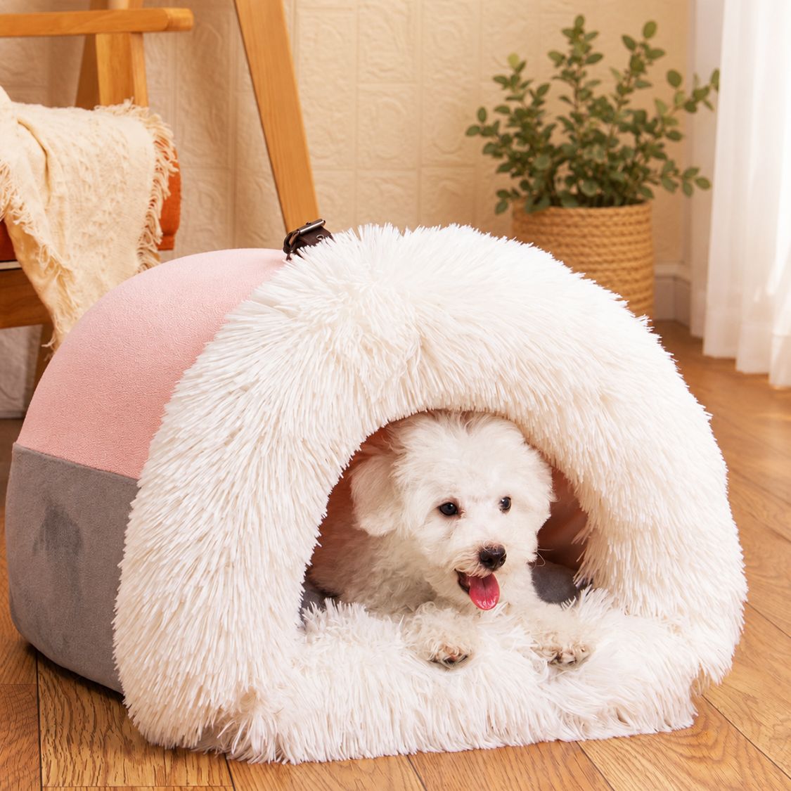 niche interieur pour chien rose blanche