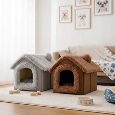 niche pour chien interieur grise forme chalet toit peluche douce