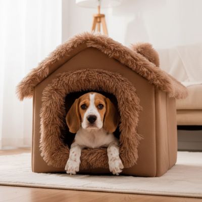 niche pour chien interieur marron revetement peluche chaude hiver