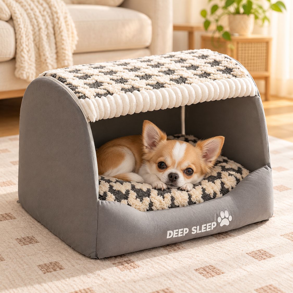 niche pour petit chien grise deux chiots