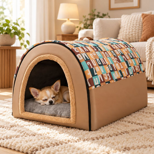 niche pour petit chien marron avec petit chien allonge