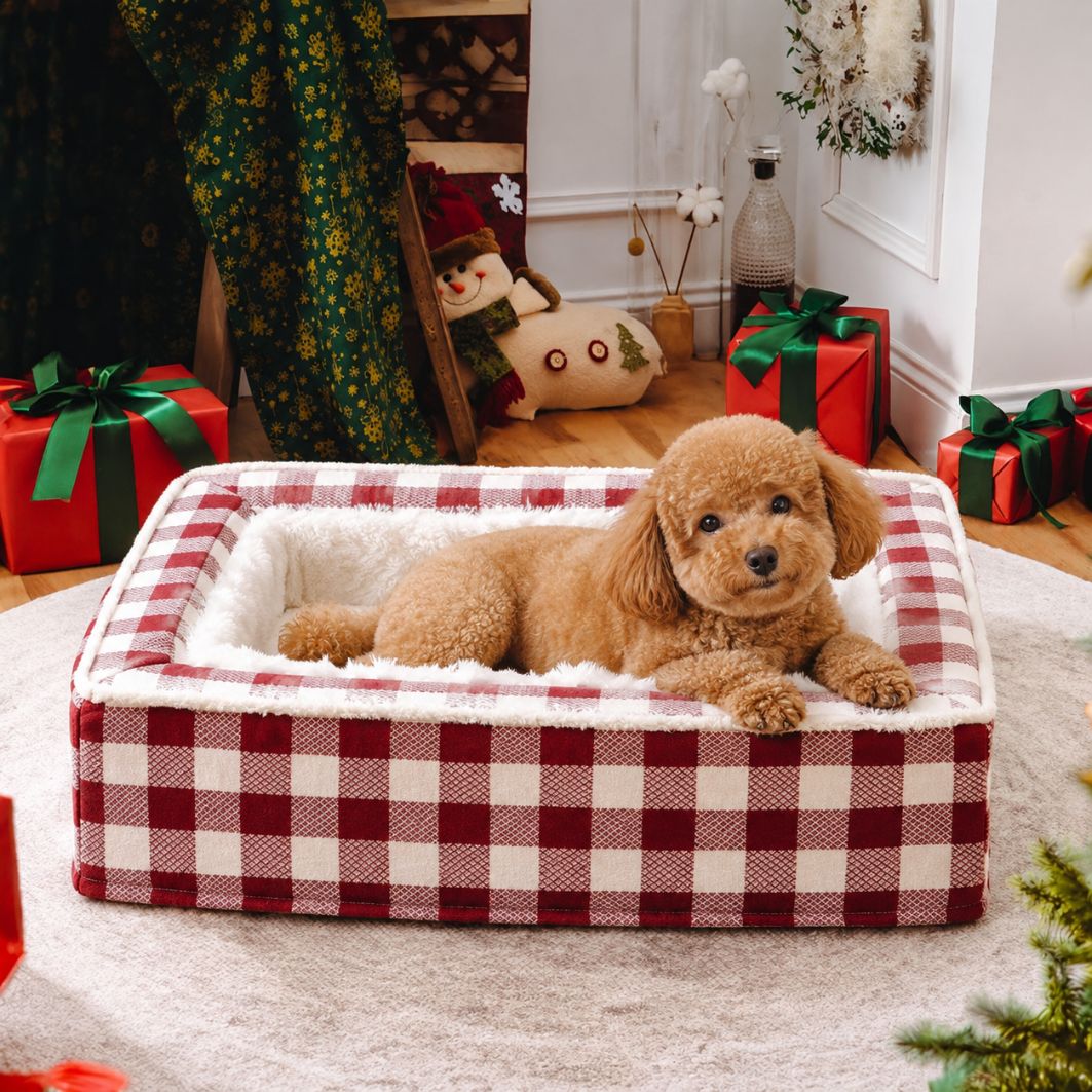 panier a chien rouge carreaux ambiance noel