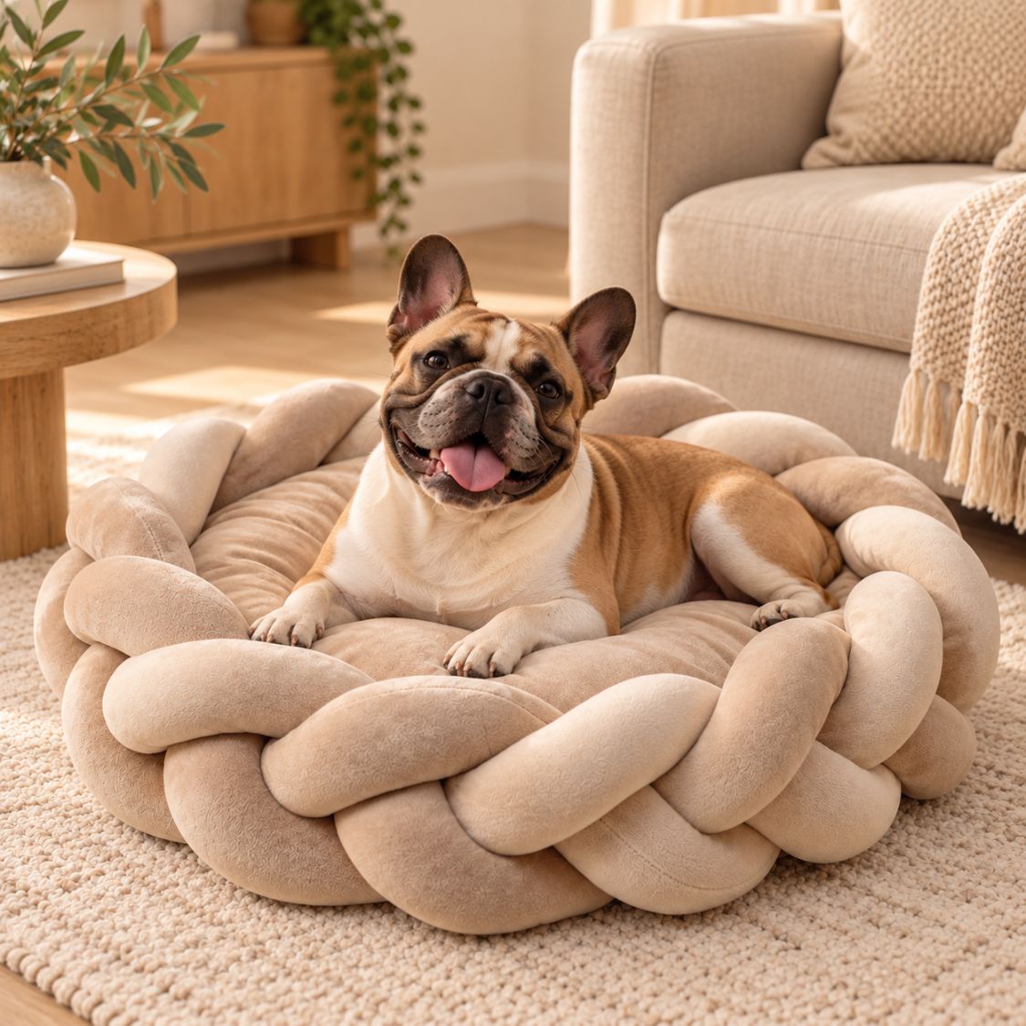 panier anti stress chien beige bouledogue francais confortable