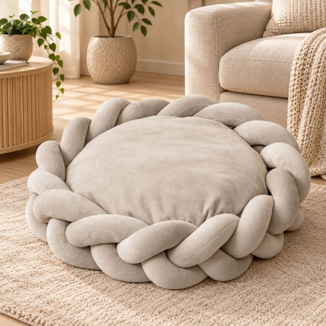 panier anti stress chien gris clair coussin rond tresse